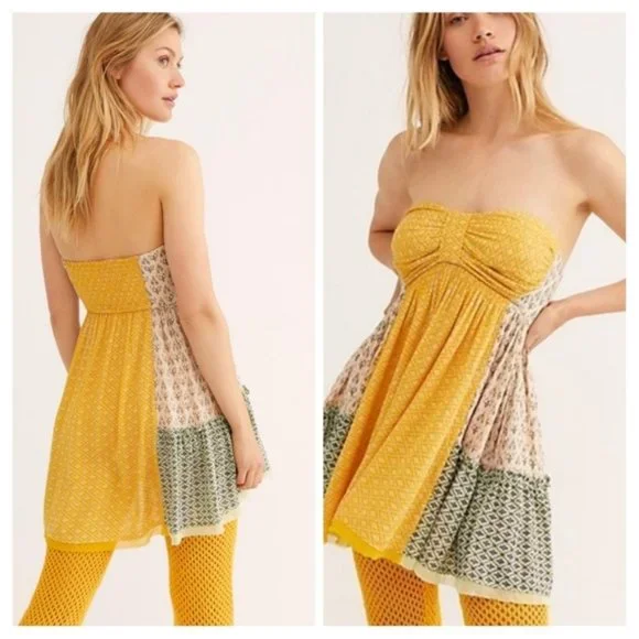 1 LEFT! Free People So Smocking Cute Across The Sea Strapless Patchwork Tunic - Picture 5 of 7